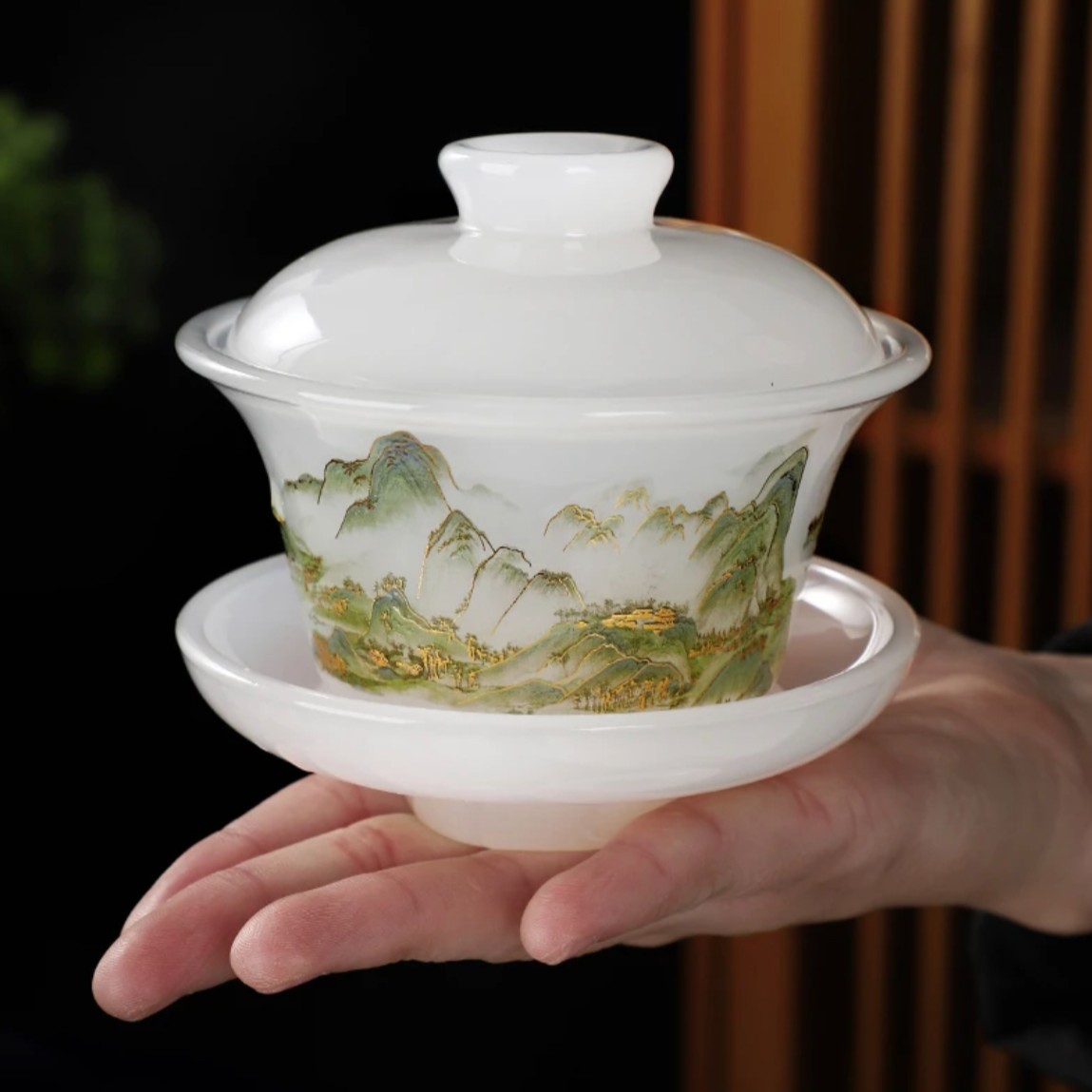 千里江山琉璃玉瓷不烫手三才盖碗