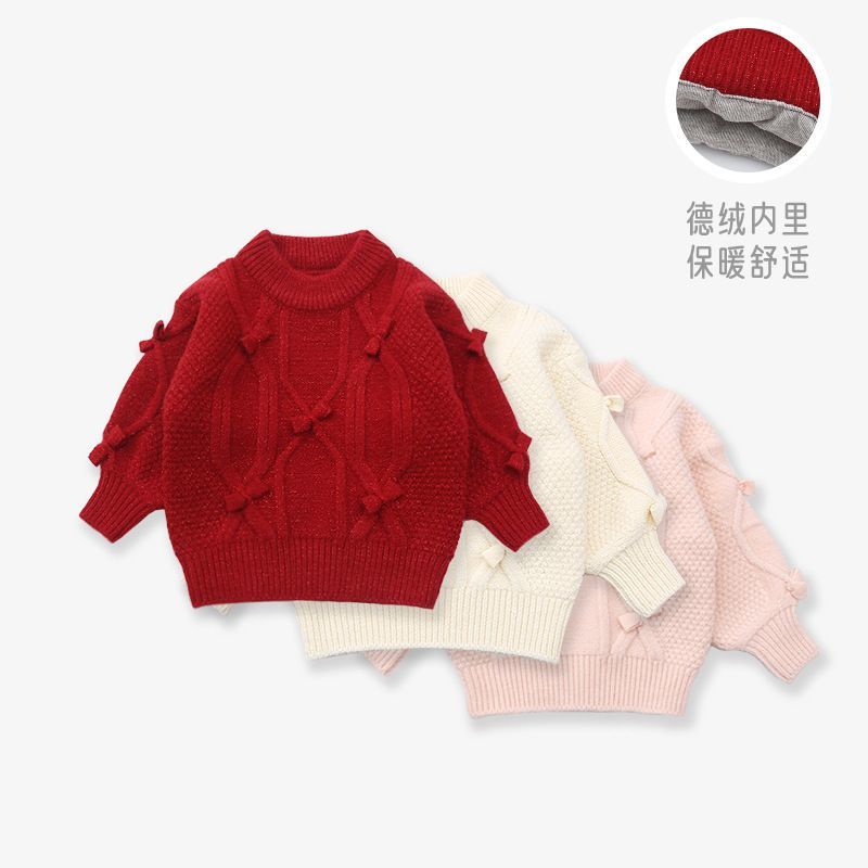 冬季新款幼儿童装毛衣加绒加厚蝴蝶结女小宝宝保暖针