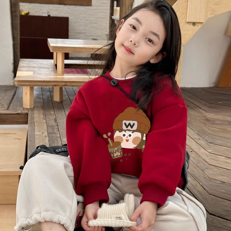 女童加绒卫衣2024年秋冬新款喜庆红卡通冬装小女孩冬