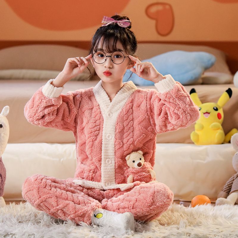 女童睡衣男童法兰绒新款珊瑚绒睡衣冬款加绒加厚2023
