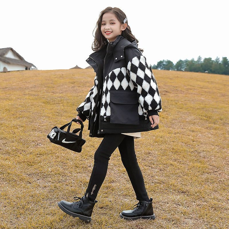女童冬季棉衣新款洋气时髦中大儿童羊羔绒拼色夹棉加