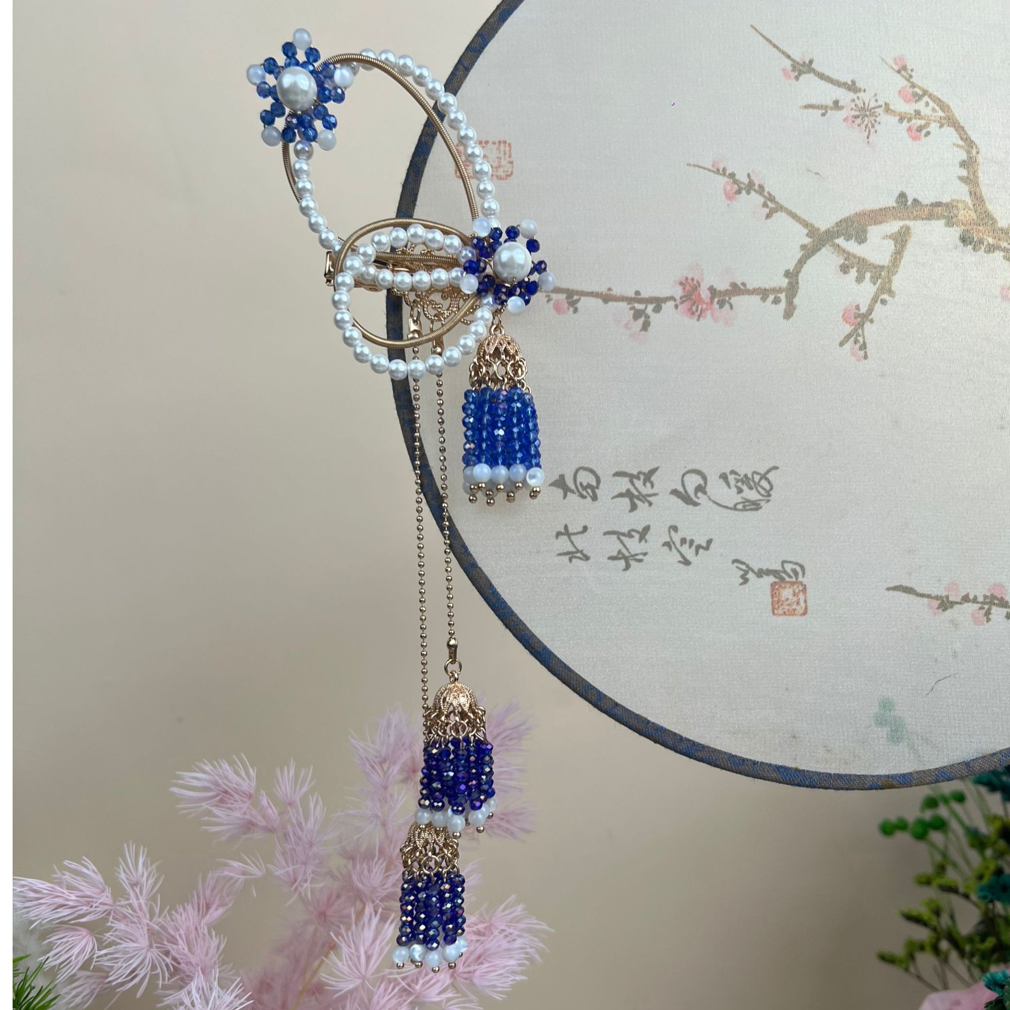 原创古风汉服发饰（秋水）复古蓝色国风对夹