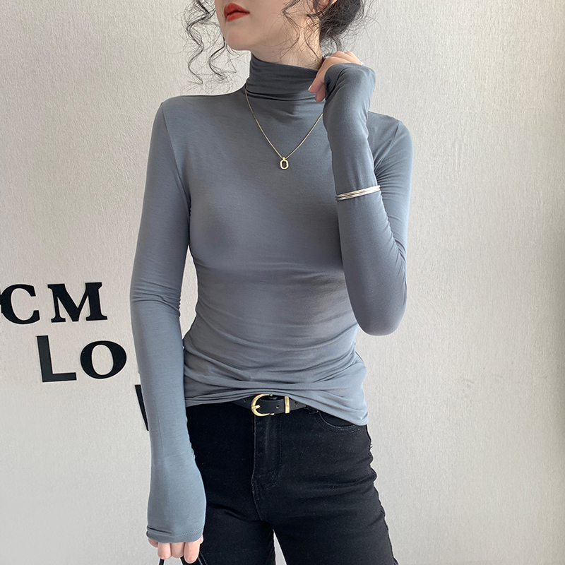 纯欲风莫代尔高领长袖内搭衣女内搭2024春秋冬季灰色紧身T恤洋派