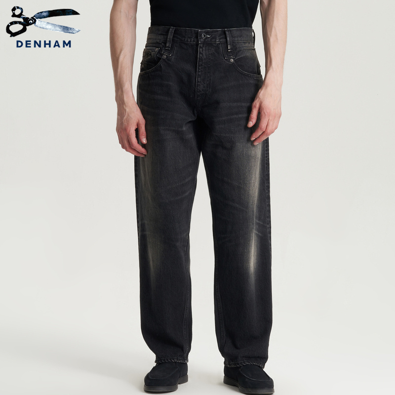 DENHAM2024年秋季日本制男士宽松直筒阔腿水洗黑色牛仔裤JUMBO