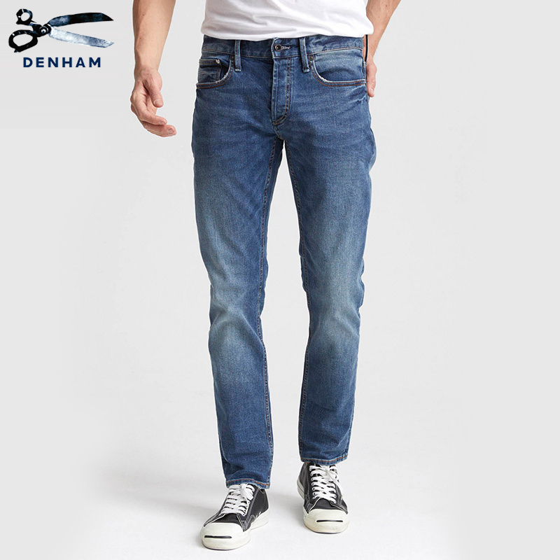 DENHAM常青款男士时尚蓝色水洗褪色刺绣修身微锥RAZOR剪刀牛仔裤