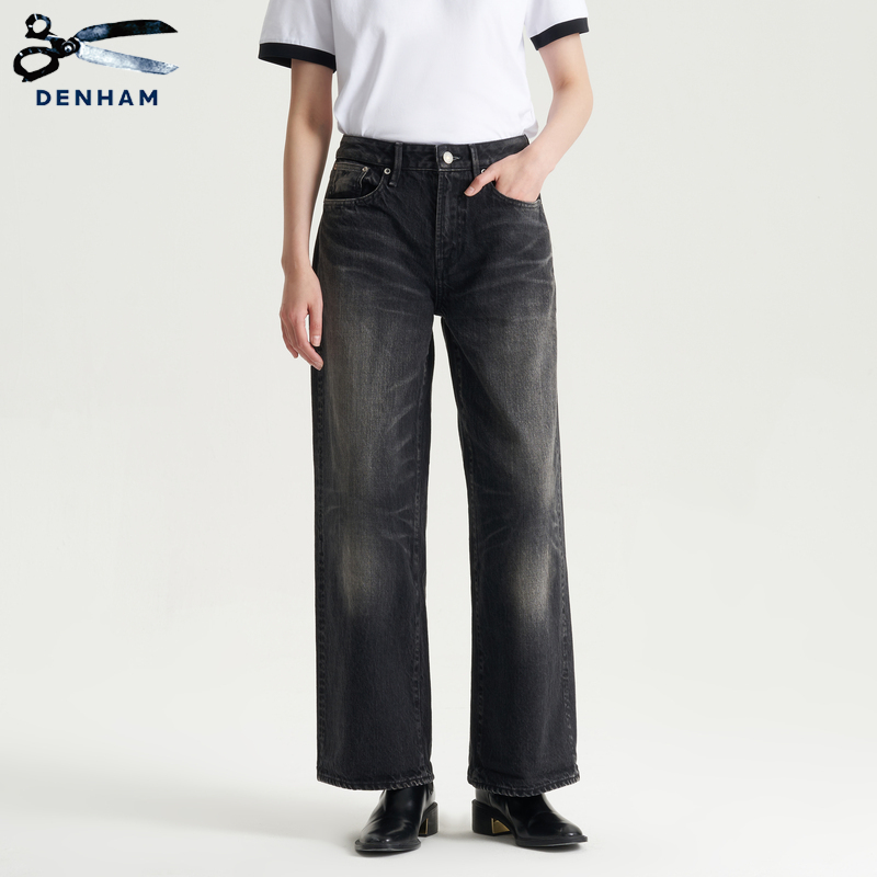 DENHAM2024年日本制秋女士经典水洗宽松高腰直筒黑色牛仔裤KEIRA 