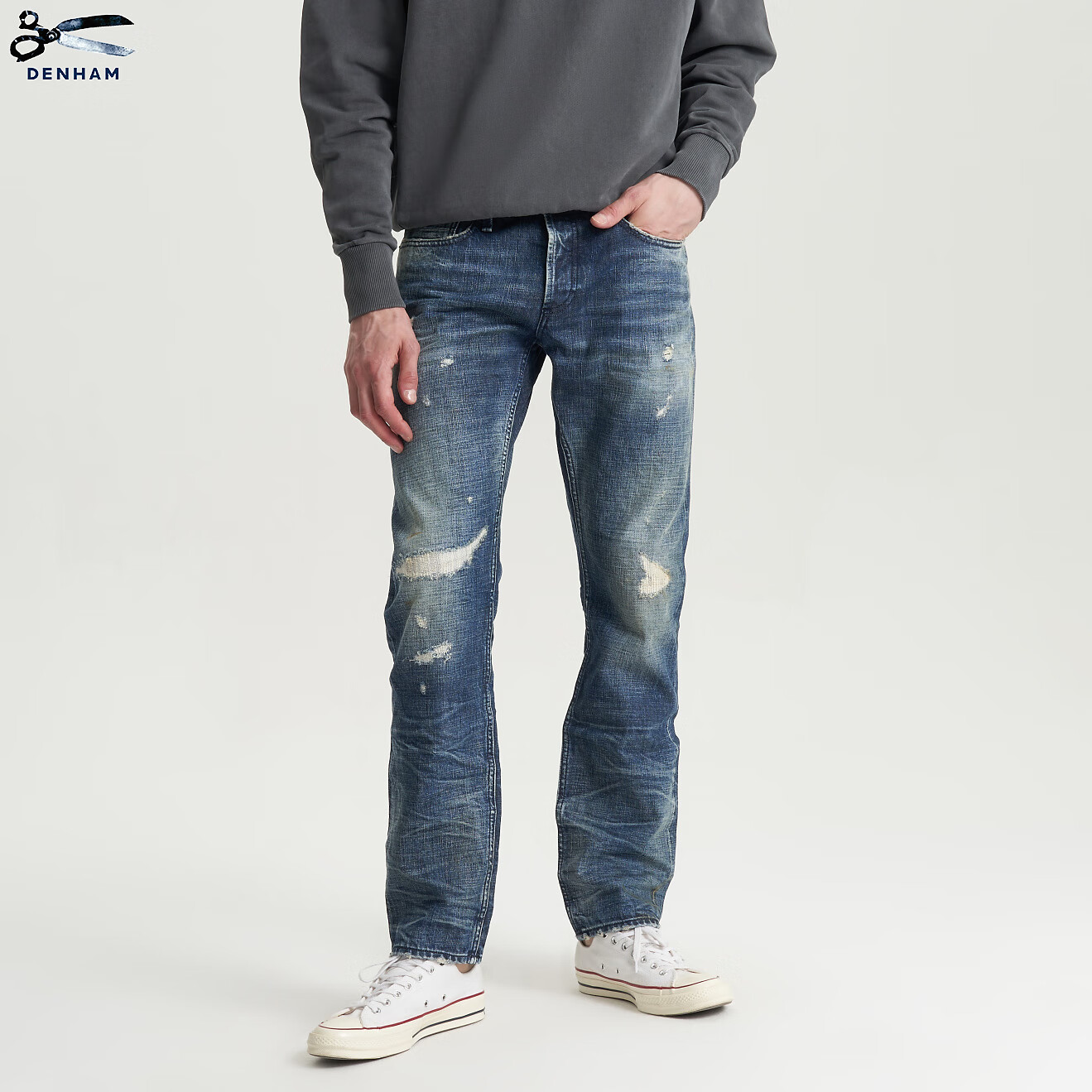 DENHAM意大利制男士修身微锥水洗蓝磨损剪刀牛仔裤RAZOR