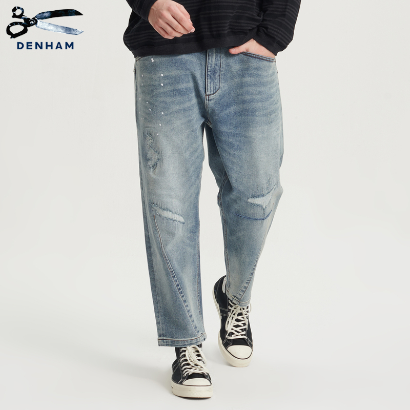 DENHAM秋季男士破洞猫须泼漆宽松阔腿剪刀潮流剪刀牛仔裤WUXIA