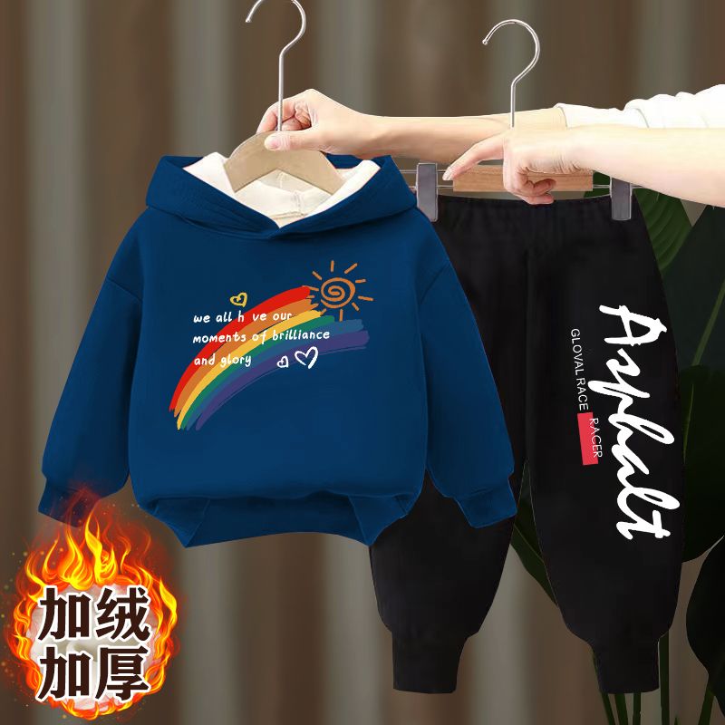 Fnm男童冬季加绒套装2023新款洋气女孩炸街加绒连帽中小童两件套