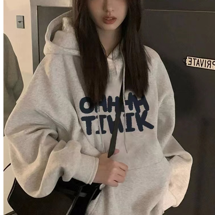 灰色长袖连帽卫衣女春秋宽松秋冬加绒印花套头慵懒风外套薄款上衣