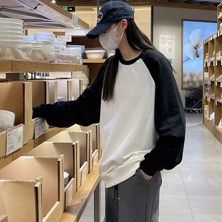 春秋圆领卫衣女拼色插肩袖宽松慵懒风百搭外套打底衫撞色秋冬长袖