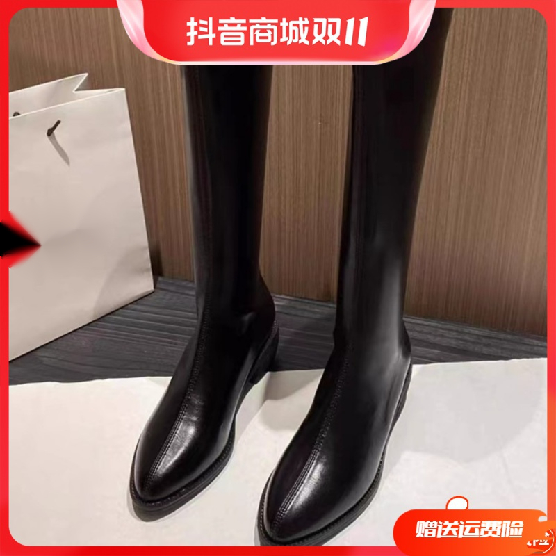 红蜻蜓牌公主白色长筒靴尖头V口不过膝长靴加绒显瘦高筒复鞋网红