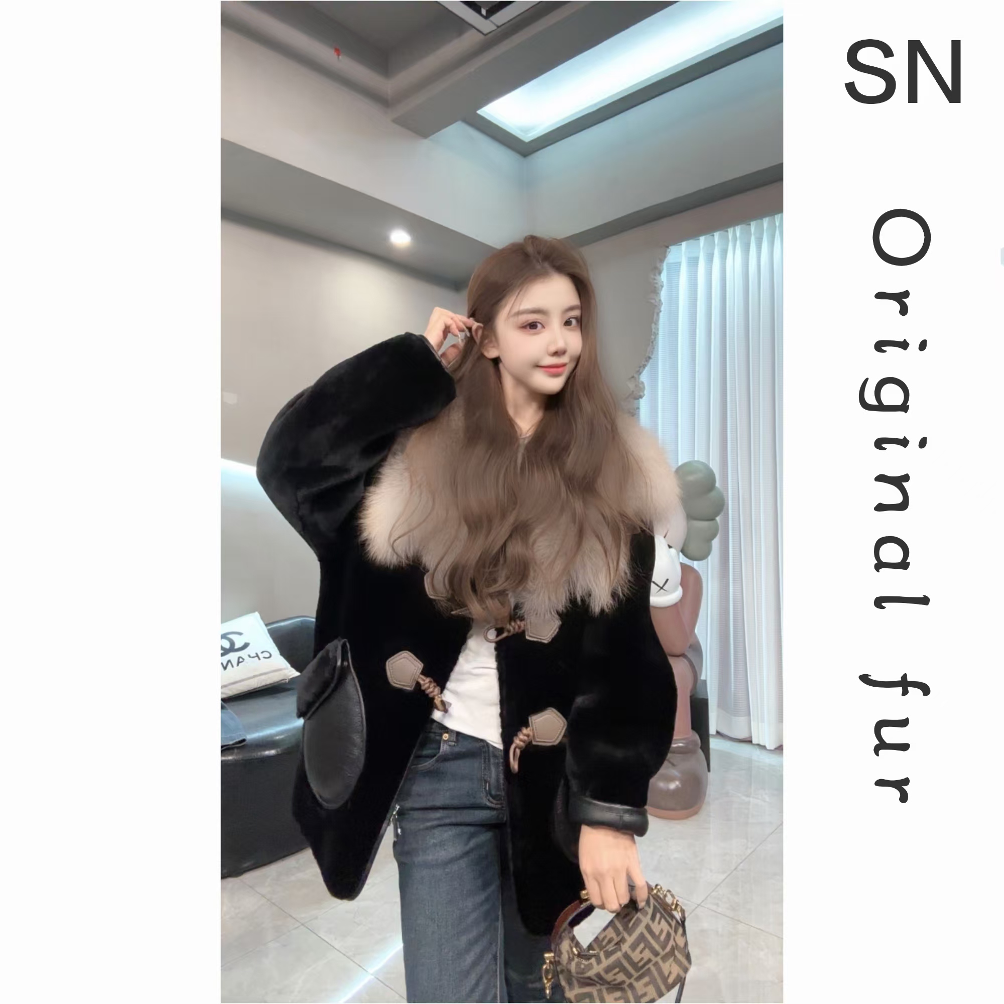 SN原创SN8029B新款女外套女式黑色貂皮大衣洋气皮草冬季皮毛一体