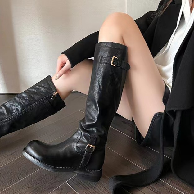 女靴时尚百搭靴子秋冬女靴女士粗跟缩纹皮手工复古中筒靴不过膝靴