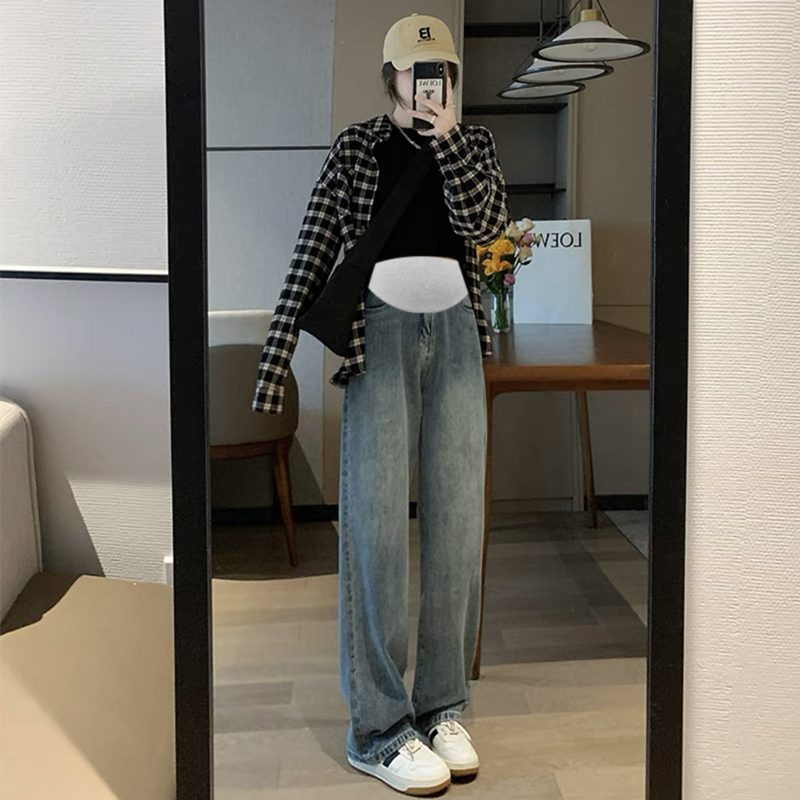 孕妇宽松秋款外穿阔腿牛仔裤显瘦垂感潮妈休闲高腰托腹直筒拖地裤