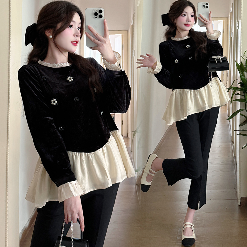 2024洋气外出韩版春秋女孕妇时髦时尚潮妈秋季减龄拼接长袖上衣