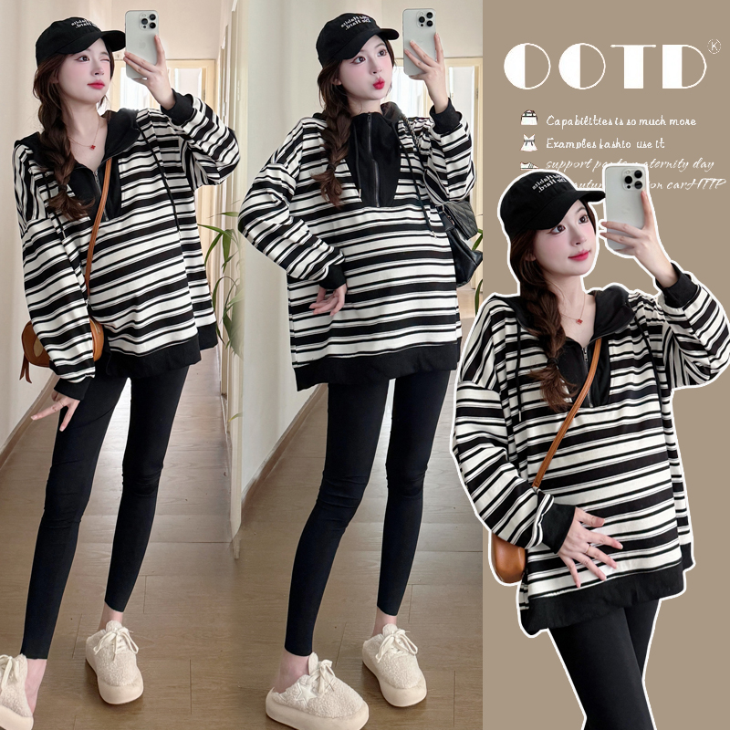 秋冬外穿韩版新款孕妇T恤卫衣孕妇宽松条纹百搭长袖连帽大码外套
