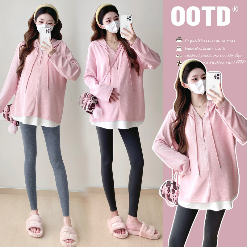 孕妇装新款简约韩版休闲连帽春秋卫衣绒衫时尚宽松假两件长袖外套