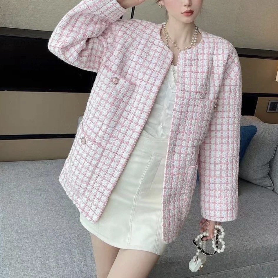 99新 Chanel/香奈儿 36码 粉色拼白色 编织软呢 格子 外套