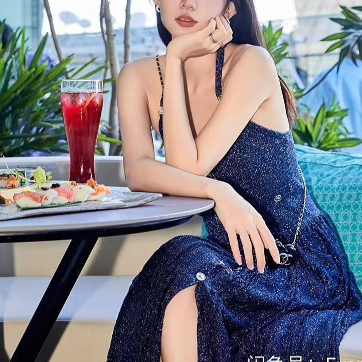 99新 Chanel/香奈儿 36码23P深蓝色混银线针织挂脖吊带连衣裙