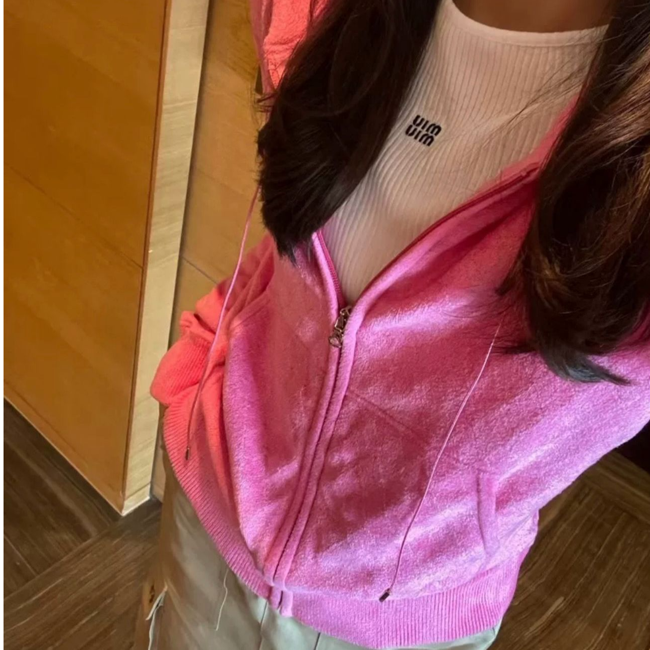 99新 Chanel/香奈儿 34码 粉色 长袖 拉链 连帽 开衫 