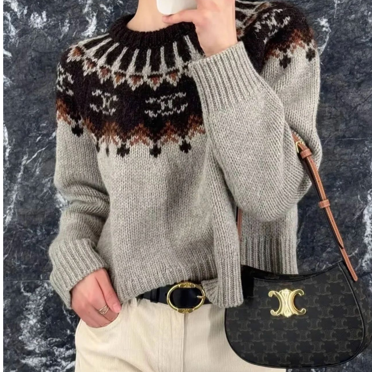 99新 Celine/思琳 M码 灰色拼深咖拼棕色 长袖 毛衣