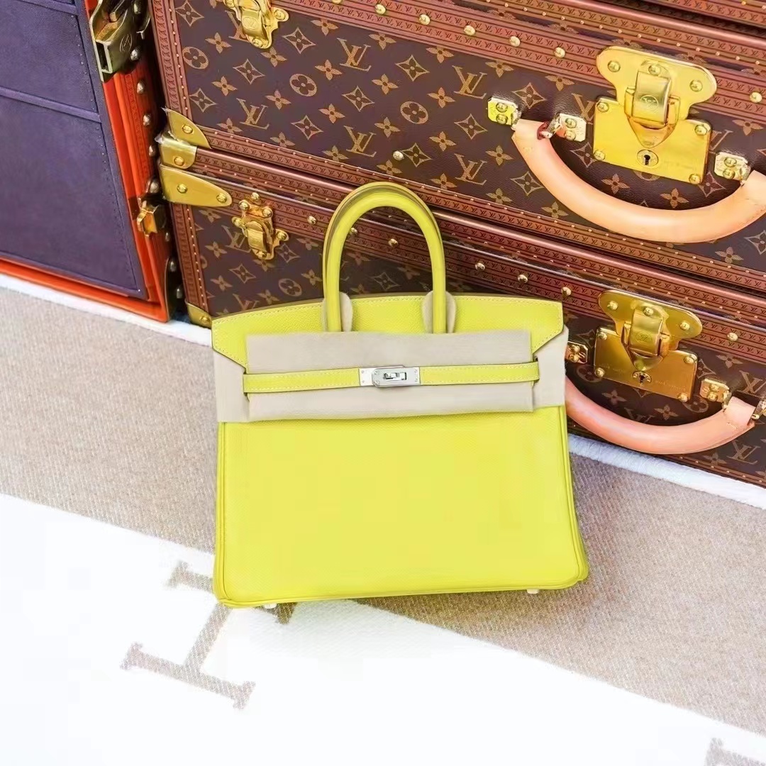 99新 Hermes/爱马仕 birkin25 9R柠檬黄 银扣 epsom皮 Q刻