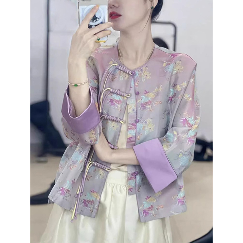 2024早秋新中式女装中国风紫色刺绣盘扣短外套女仙气别致开衫上衣