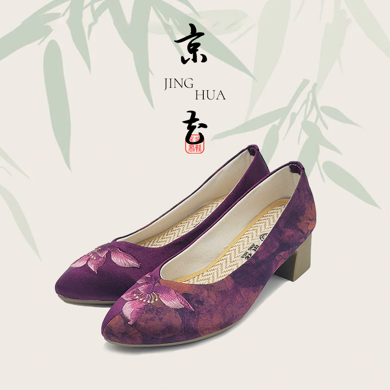 京花香云纱薰紫兰花刺绣时尚休闲百搭尖头绣花舒适软底高跟鞋粗跟