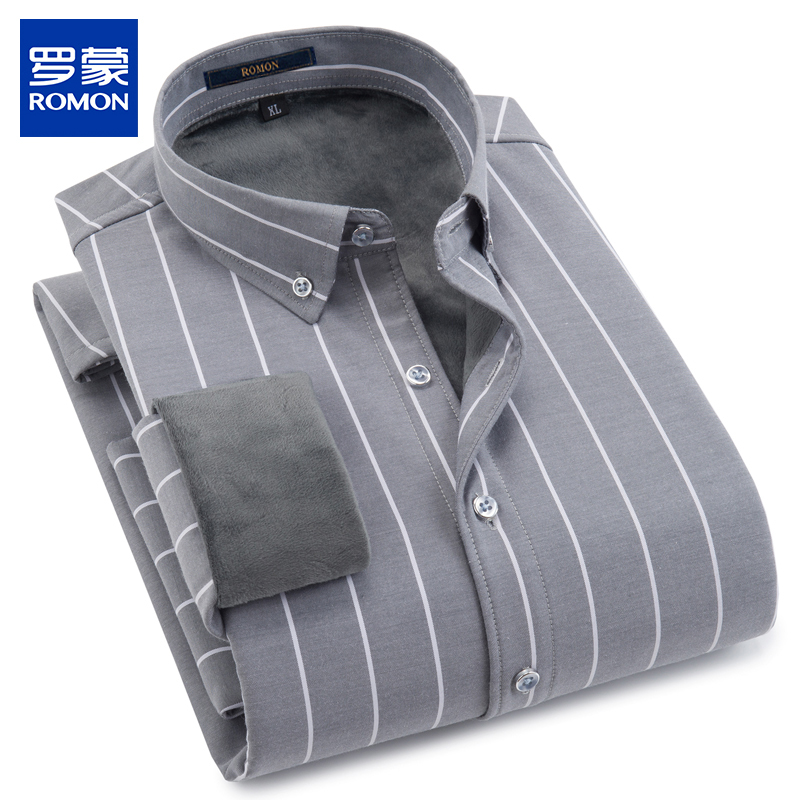 罗蒙男士新款保暖衬衫冬季中青年加绒加厚衬衣休闲牛津纺条纹衬衣