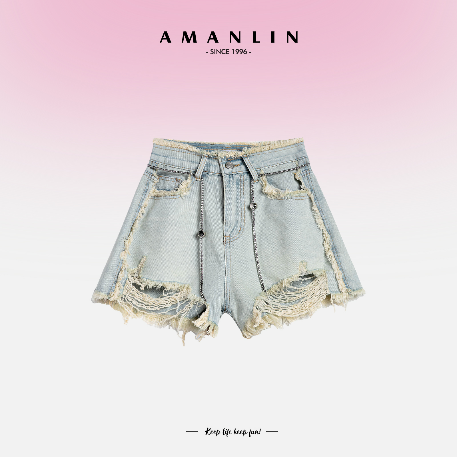 AMANLIN/阿谩琳【微风】夏季毛边复古潮流破洞宽松牛仔短裤ck00631