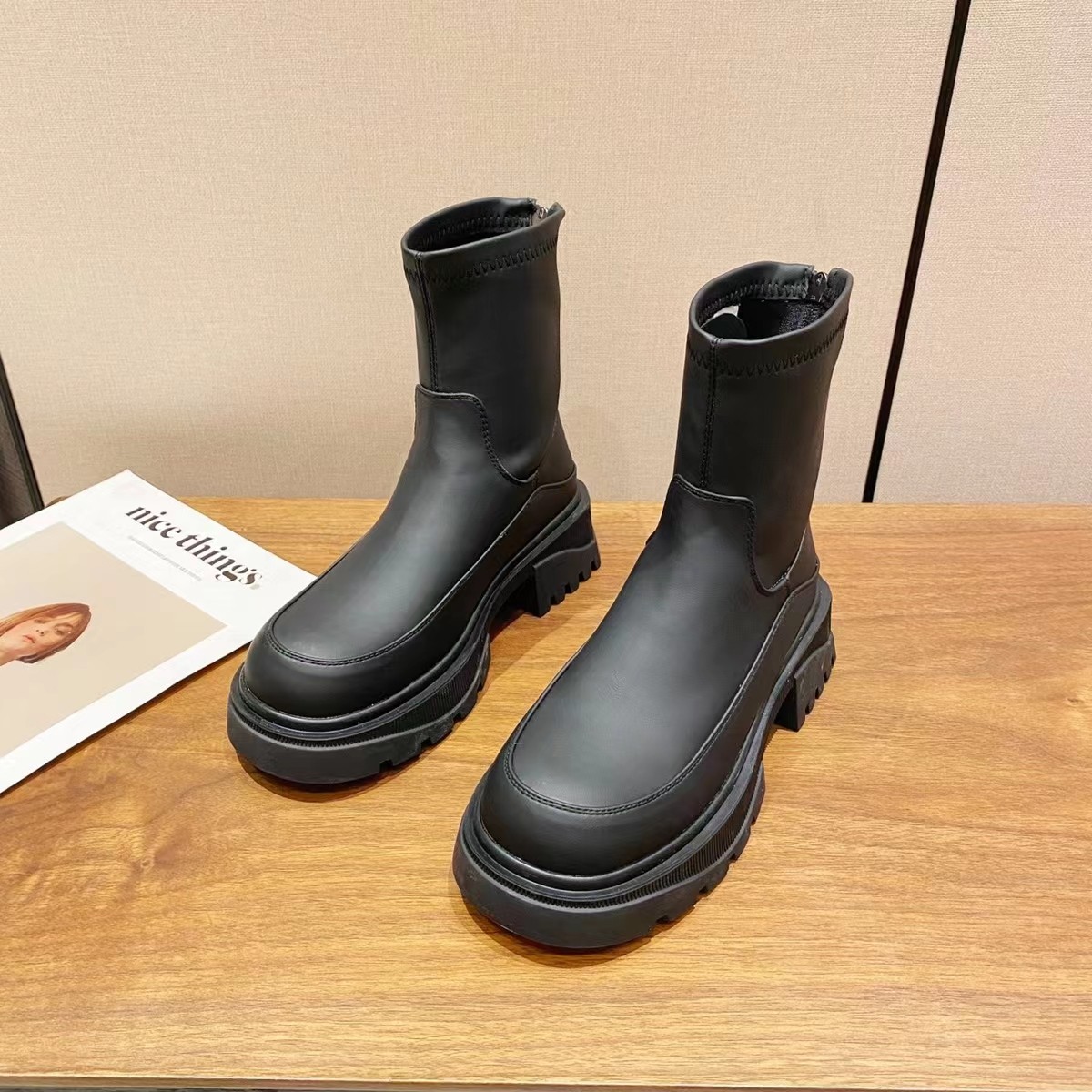 时尚百搭潮流休闲粗跟圆头女靴廋廋靴棕色短靴弹力靴秋冬2590-73