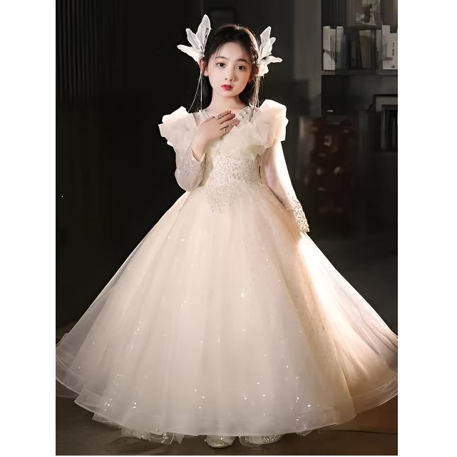 【芙蓉花开】女童公气质长袖白色拖尾设计师泡泡袖走秀奢华齐地生日