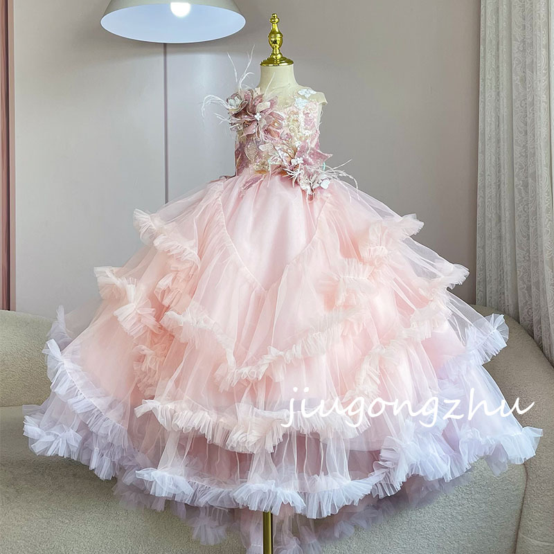 【戴安娜】女童拖尾礼服主持人前短后长走秀演出服儿童连衣裙演出服