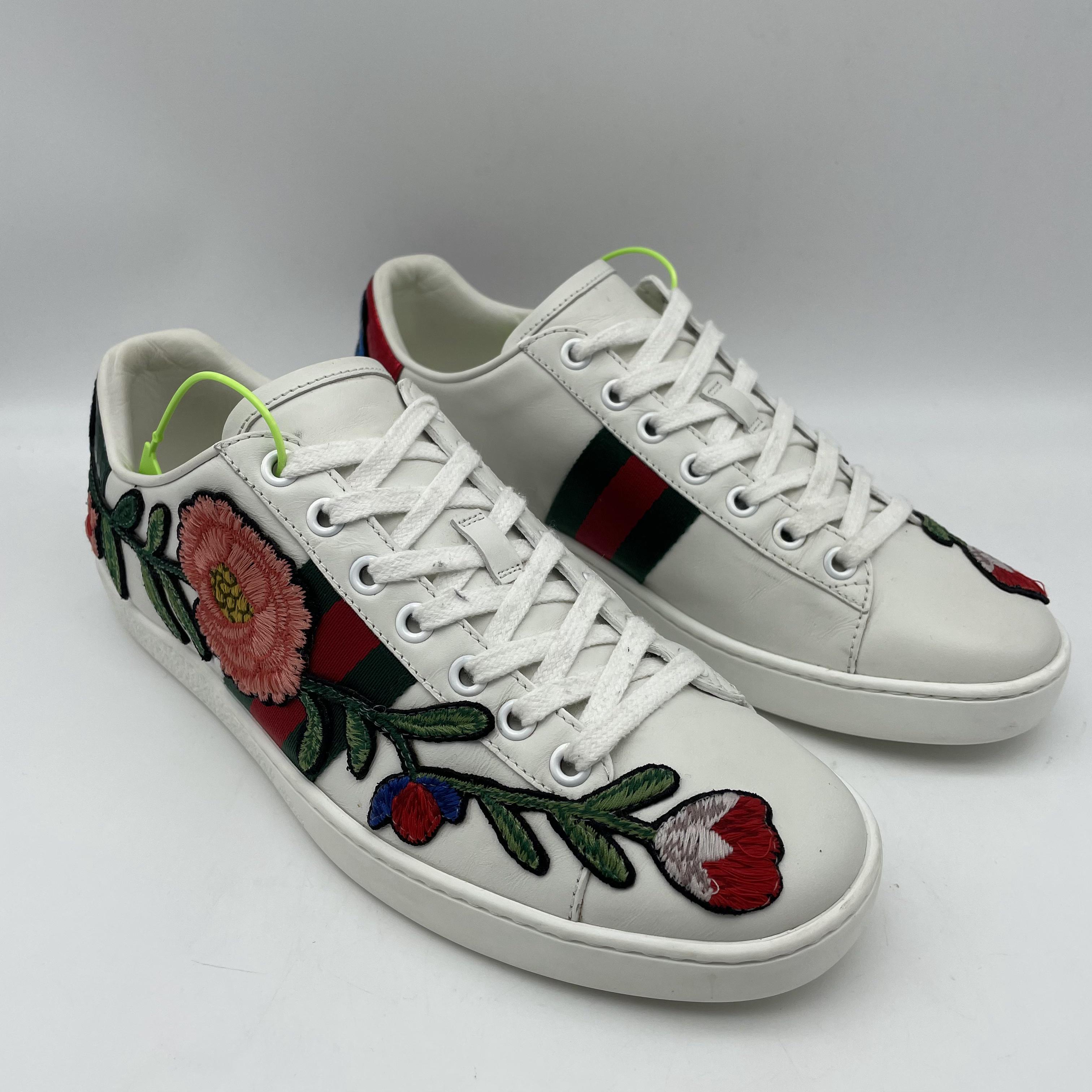 95新 GUCCI/古驰 二手男士白色刺绣休闲时尚系带板鞋/37.5欧码
