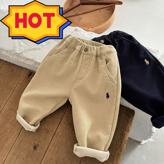 一体绒宝宝纯色休闲裤女加绒加厚儿童加绒长裤男童冬季新款小童裤