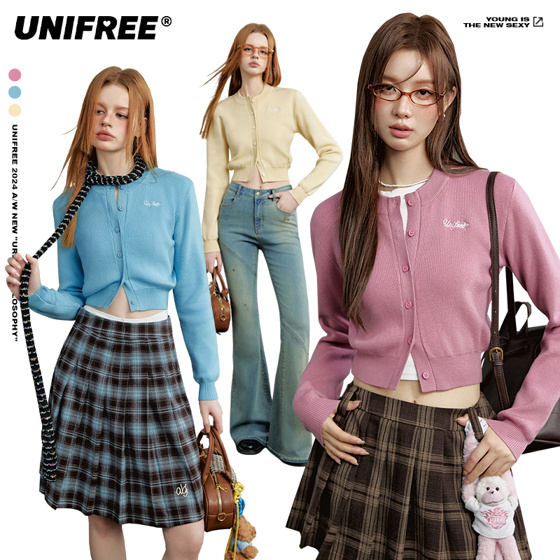 unifree【秋装新品】短款针织衫开衫美式复古辣妹小个子显瘦上衣