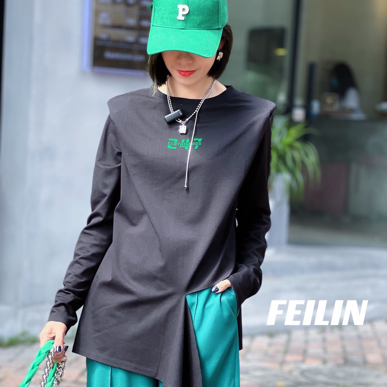 247ClothingDog设计师款印花Logo垫肩长袖T恤卫衣宽松打底