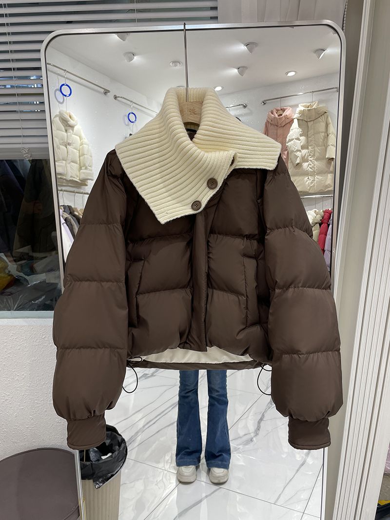 波司豋短款羽绒服女2023新款冬季针织翻领拼接宽松小个子白鸭绒加