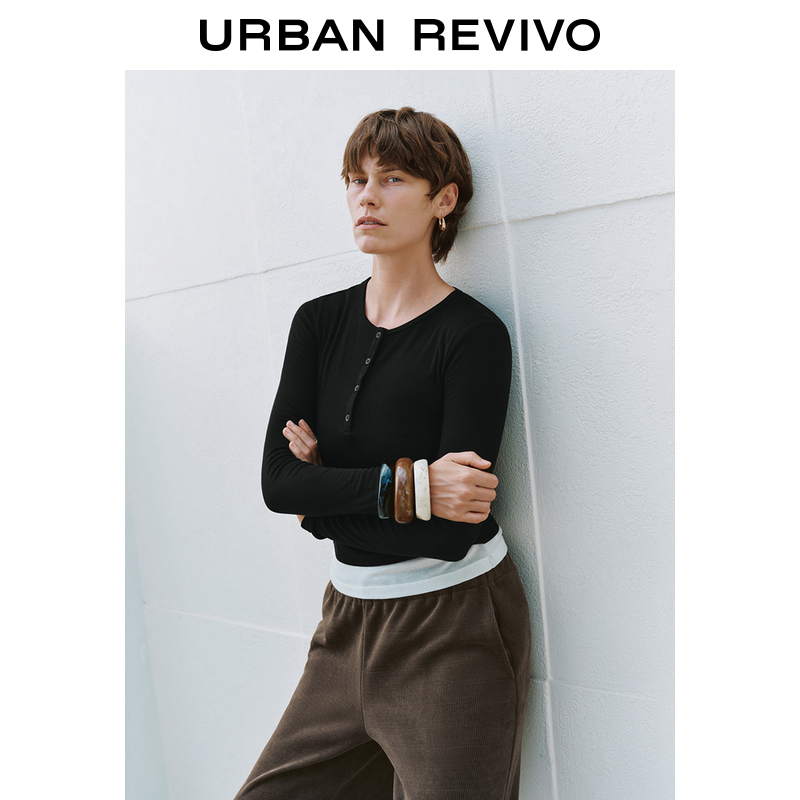 UR女装撞色假两件设计感修身长袖T恤UWM440041