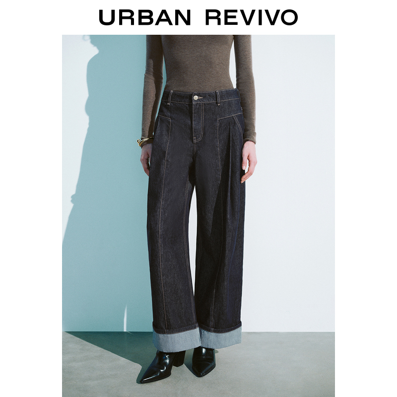 UR2024秋冬新款女装慵懒松弛撞色条纹卷边牛仔长裤UWH840132