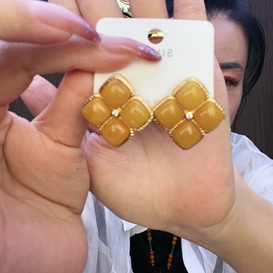 蜜蜡耳饰银S925镶嵌耳钉