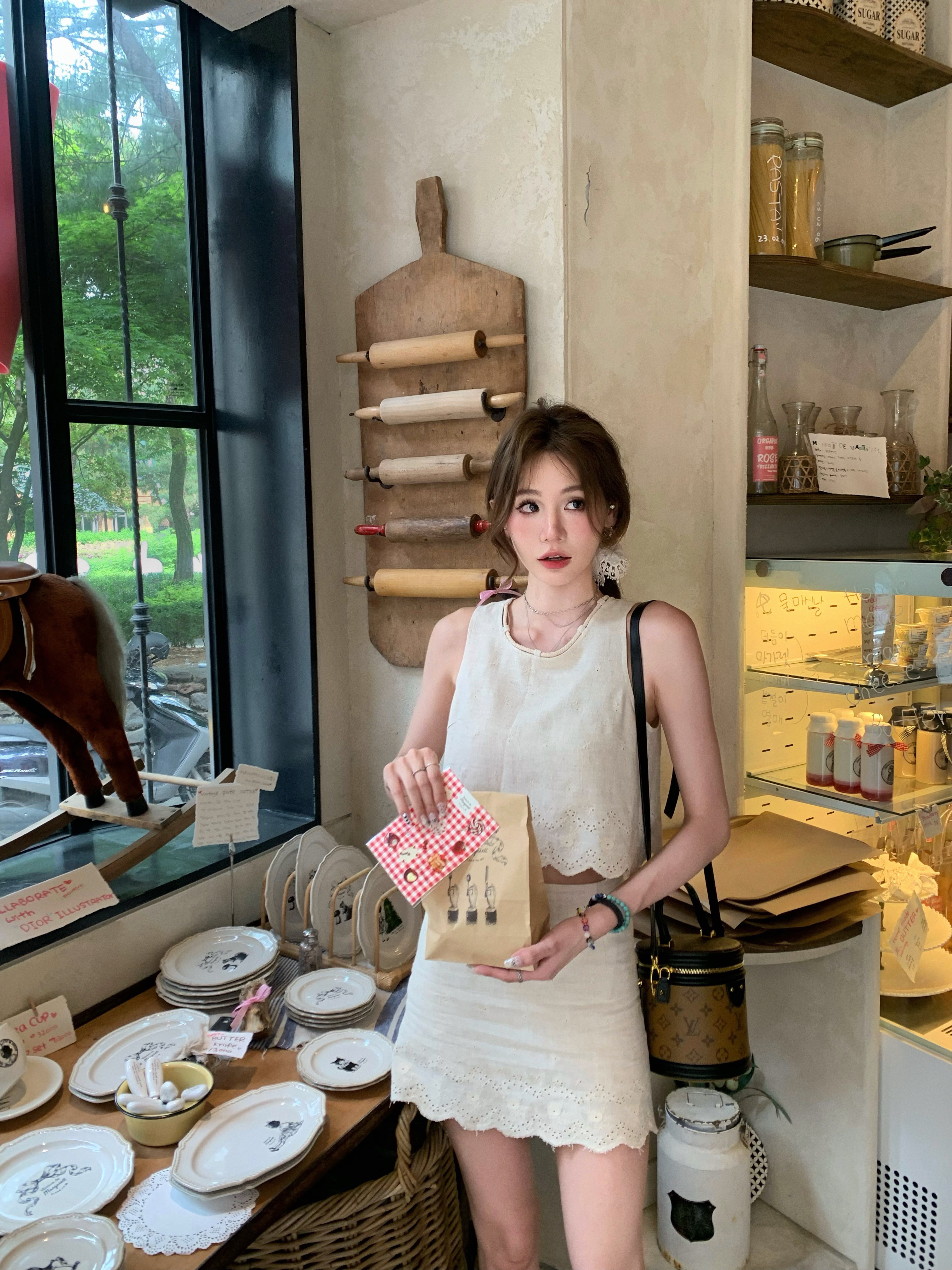 清 八盖pinky piggy 成为韩妹 设计感亚麻套装女百搭短上衣a字裙