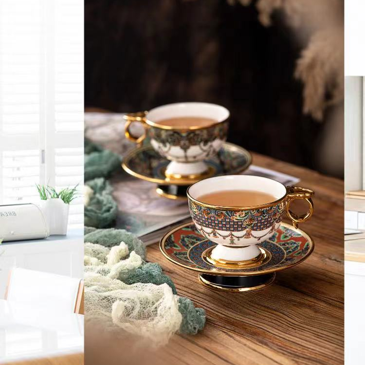 九色鹿鸣印象敦煌茶咖杯两杯两碟  复古敦煌描金杯碟