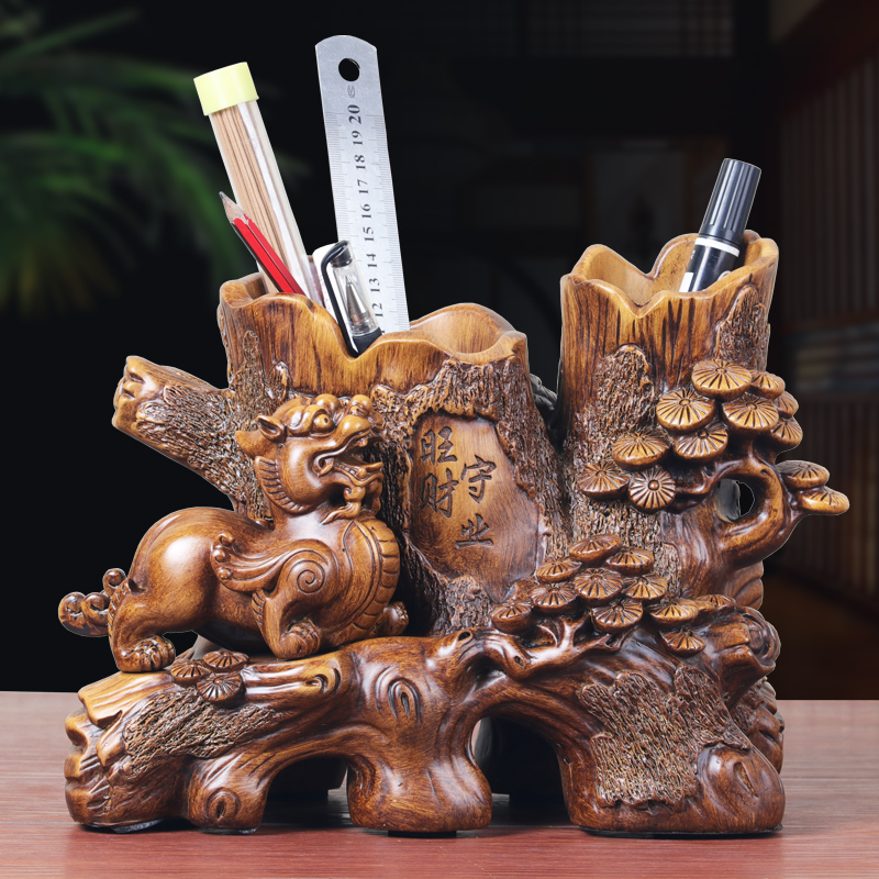 创意笔筒摆件书房桌面中式金蟾貔貅装饰笔架桶工艺品办公室用品