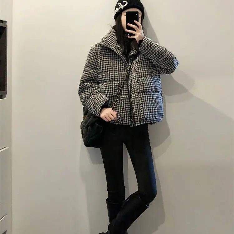 千鸟格羽服女2023年新款冬季宽松加厚衣小个子短款袄外套显瘦