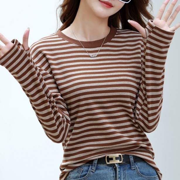 诺白拇指扣设计春秋款百搭棉质圆领条纹韩版打底t恤衫女士长袖