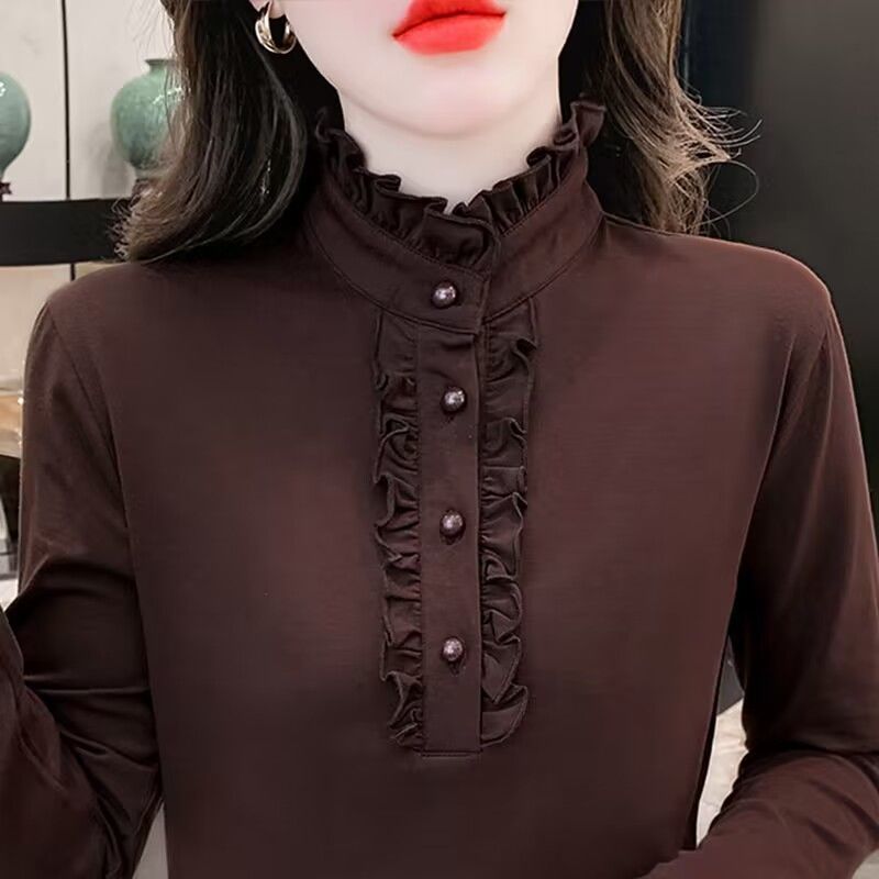 秋冬季高档气质木耳边加绒打底衫女妈妈装修身内搭保暖长袖上