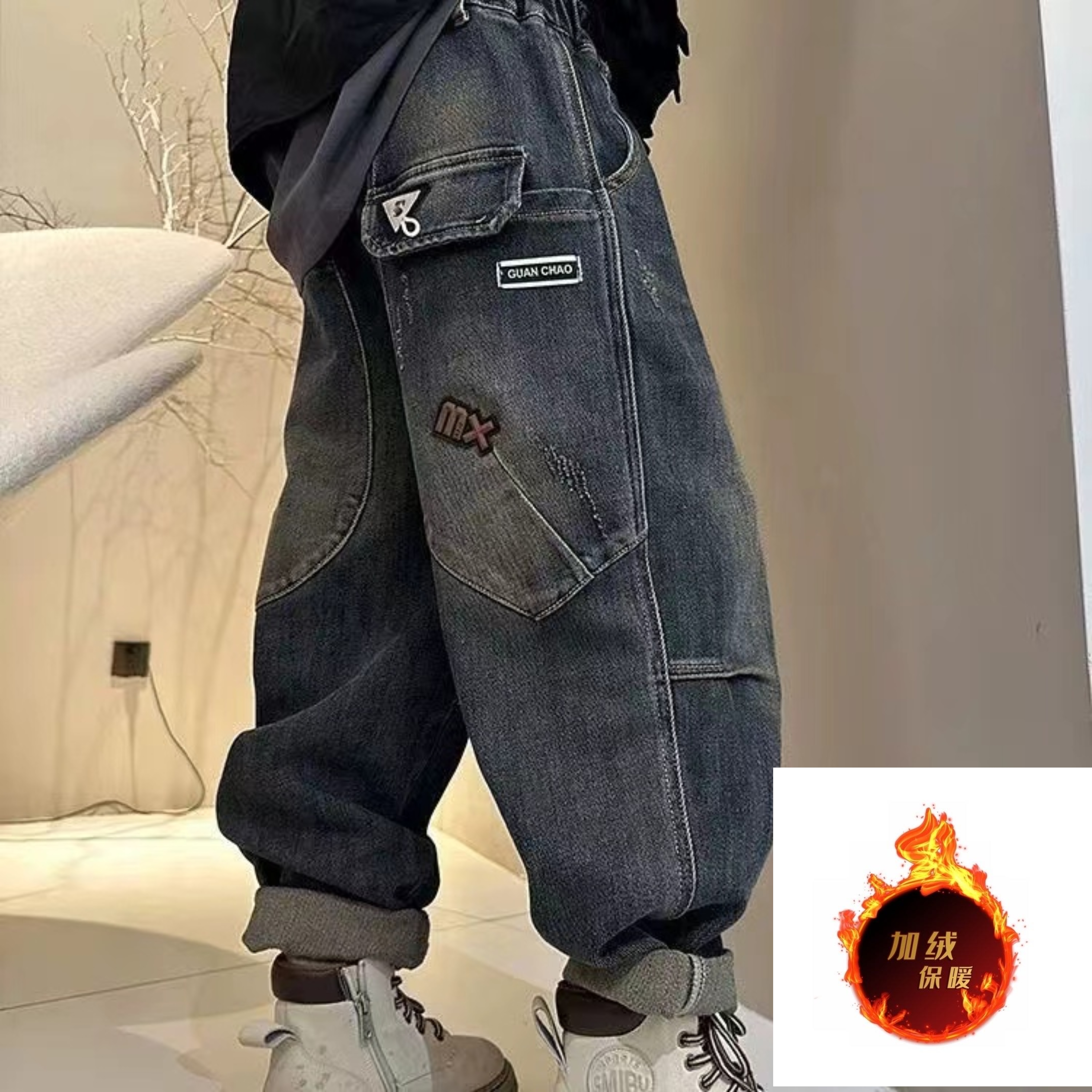 冬季加绒儿童一体绒休闲百搭复古中大童男孩男童潮酷痞帅童装加厚