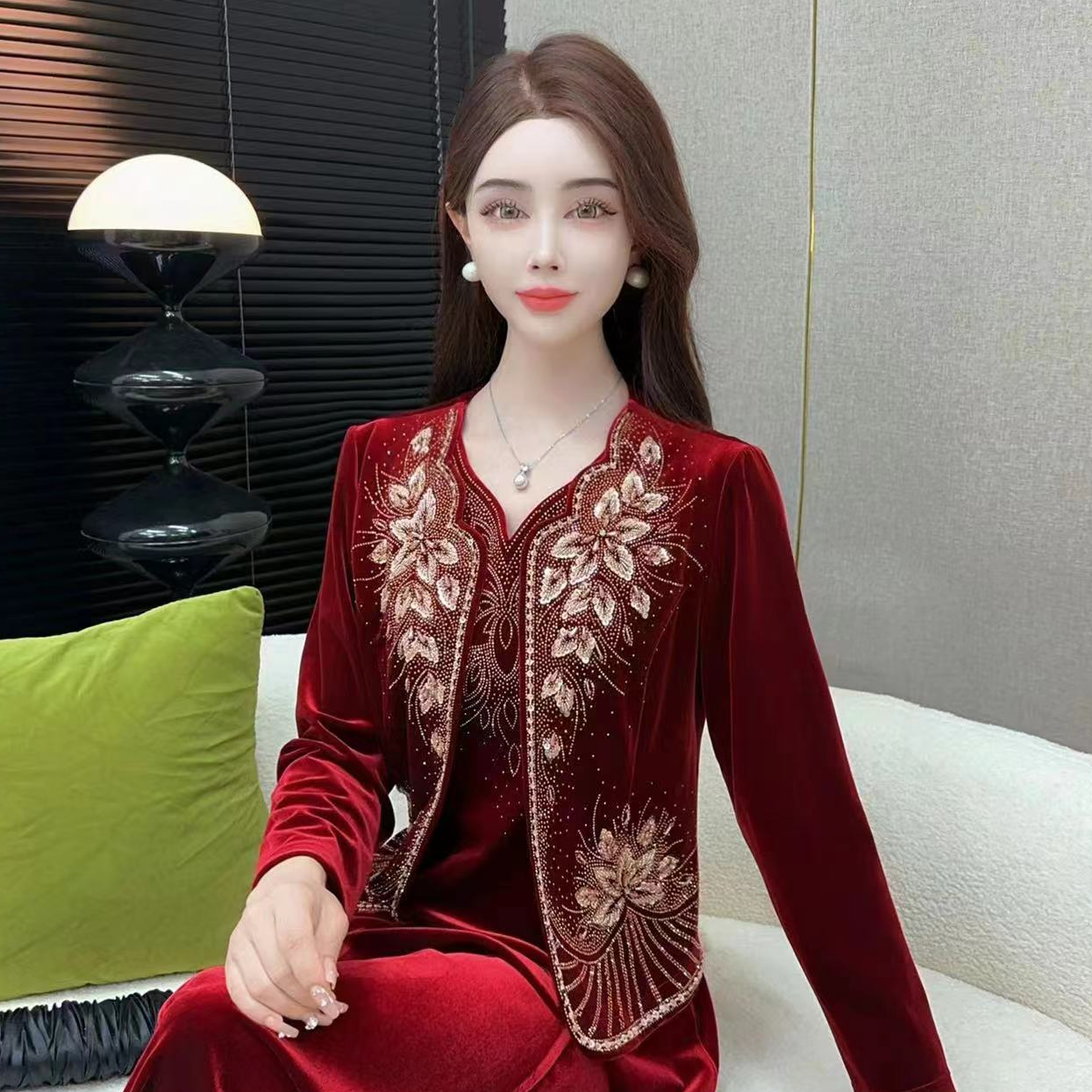 秋冬金丝绒枣红显瘦两件套背心连衣裙婚宴妈妈装